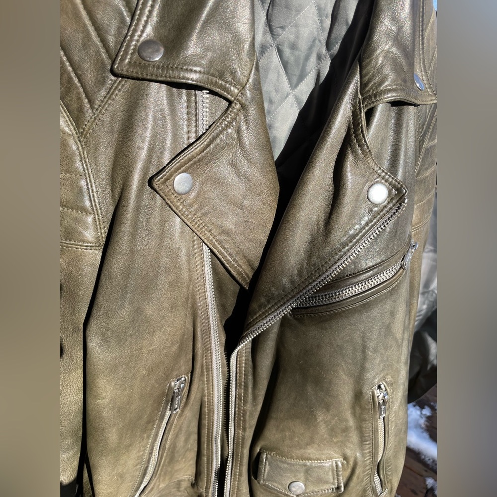 BLK DNM Men’s Olive Green Leather Moto Jacket - Size M - Picture 5 of 10